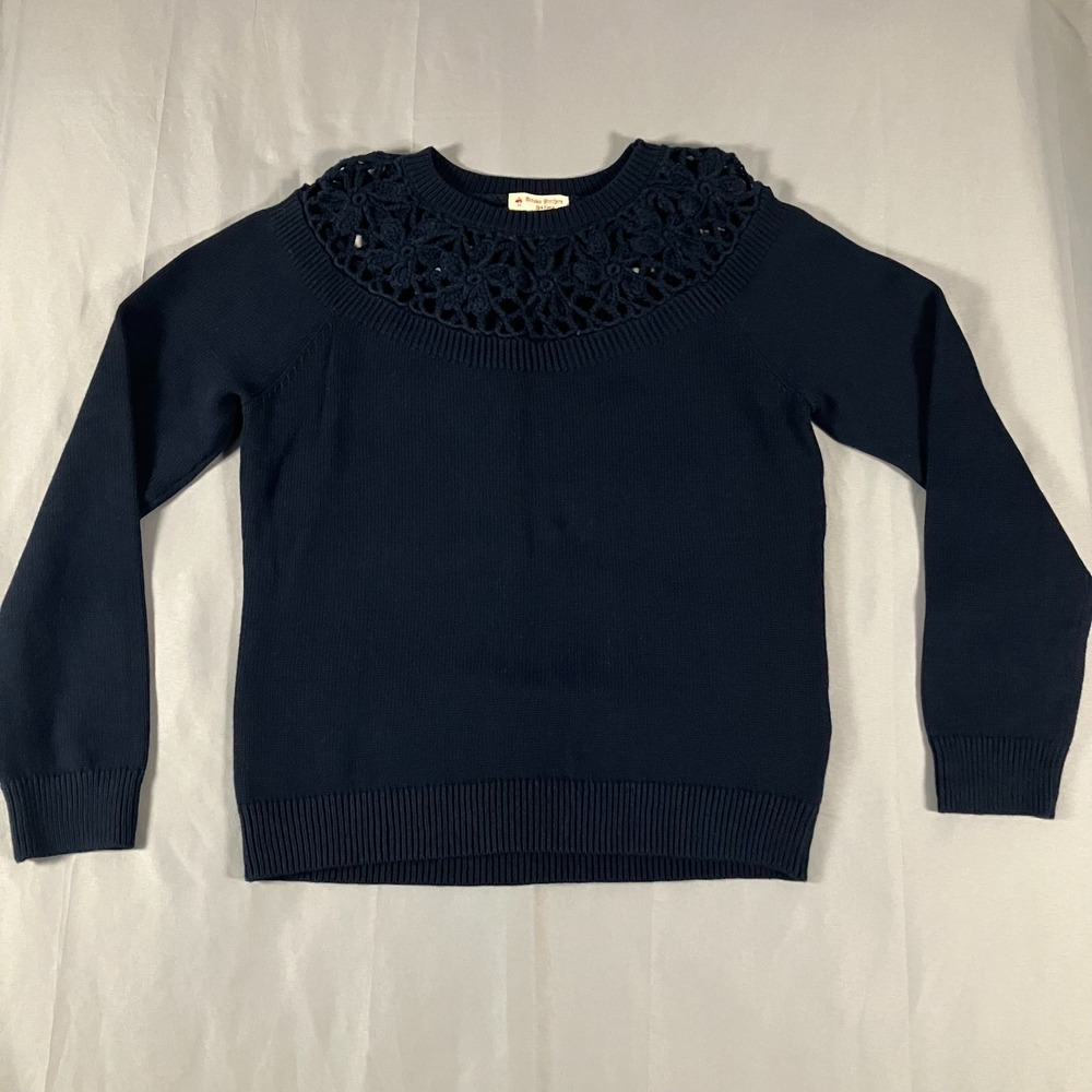 Brooks Brothers Red Fleece‎ Women's Medium Navy Cotton Knit Sweater Crochet Yoke